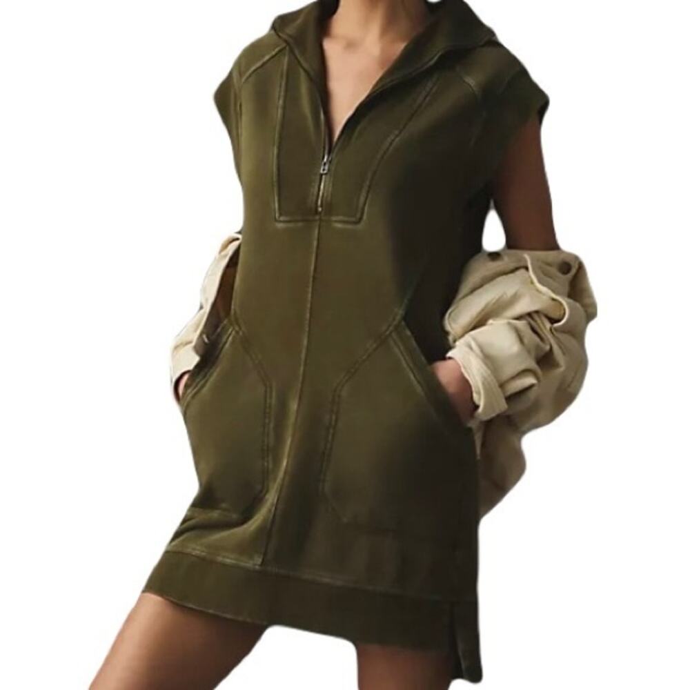 NWT DAILY PRACTICE Sweatshirt Dress SP Olive-Green”Meru”1/4Zip V Pocket Slit Rib